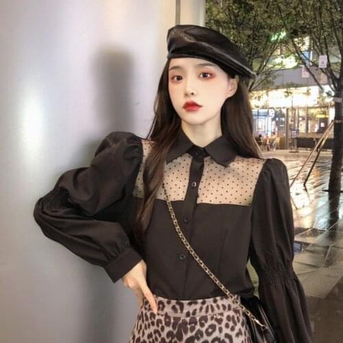 Fake two Shirts Women Korean 2021 Fashion Blouse Chic Gauze Patchwork Chiffon Temperament Elegant black and whiteTops Sexy Lady