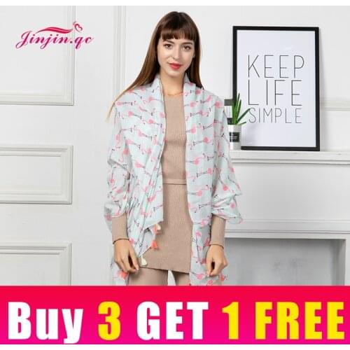 Jinjin.QC 2019 New Women Scarf Viscose Material With Pink Tassel Flamingo Details Pattern Casual Scarves Lightwear Echarpe Femme