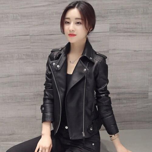 Women Motocycle Autumn Leather Jacket Black Turn-down Collar Female Pu Outwear Coat 2019 Classical Slim