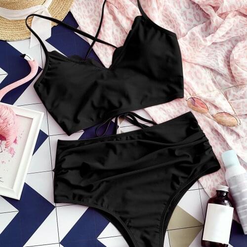 ZAFUL Scalloped Crisscross Lace-up Ruched Tankini Swimsuit