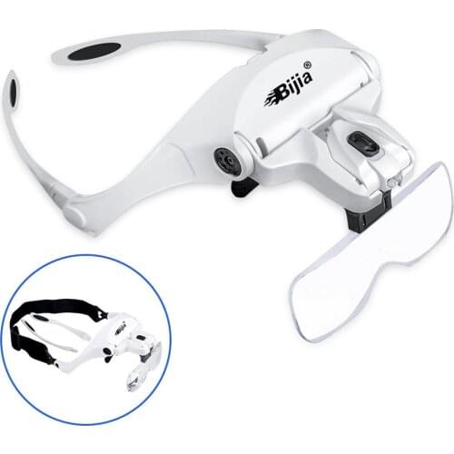 BIJIA 1.0X 1.5X .2.0X 2.5X 3.5X Eyelash Magnifying Glass Interchangeable 5 Pcs Lenses Headband 2 LED Head Magnifier