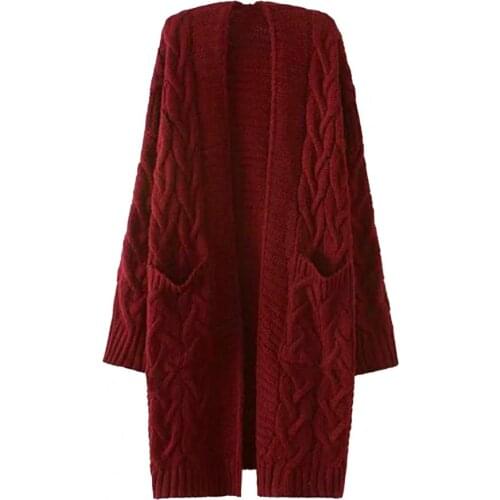 Women Cardigans Autumn Winter Pockets Cardigan Long Sleeve Twist Knitted Mid-length Coat Female Warm Thick Loose Long Sweater