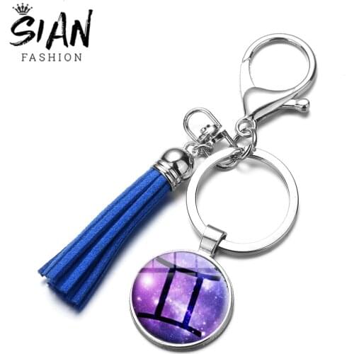 SIAN Charming 12 Constellation Sign Keychain Galaxy Photo Zodiac Sign Astrology Leather Tassel Key Ring Holder Girls Bag Pendant