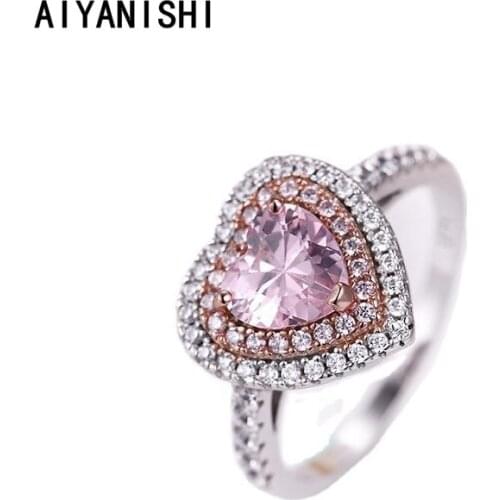AIYANISHI 925 Sterling Silver Women Rings Simple Pink Heart Rings For Women Fine Silver Jewelry Engagement Wedding Girl Gifts