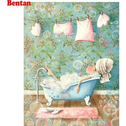 2020 Diy puzzles diamond embroidery Cartoon girl bathing full square round drill mosaic 3d diy diamond painting bathroom sticker