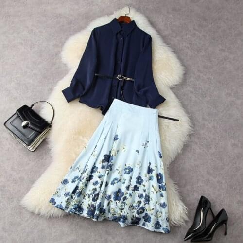 2021 Blue Shirt with Long Sleeves and Belt Floral Print Skirt Fashion Suits European and American Womens Wear for Spring