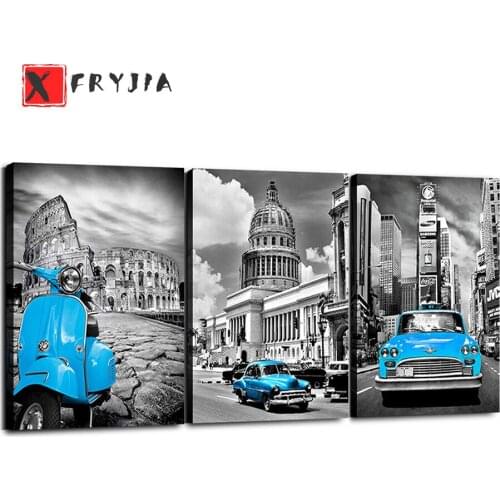 3pcs Black and White New York 5d diy diamond painting Blue Car Modern Europe Buildings Diamond Mosaic Simple Life Art home decor