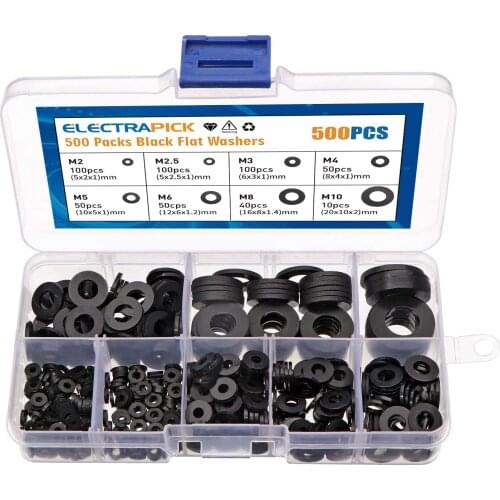 500Pcs M2 M2.5 M3 M4 M5 M6 M8 M10 Black Plastic Nylon Washer Flat Spacer Washer Seals Gasket Ring Assortment Set