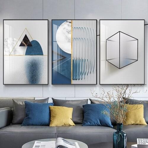 Blue Geometry Combination Marble Modern Abstract Wall Art Canvas Painting Home Posters and Prints Picture Decor for Living Room