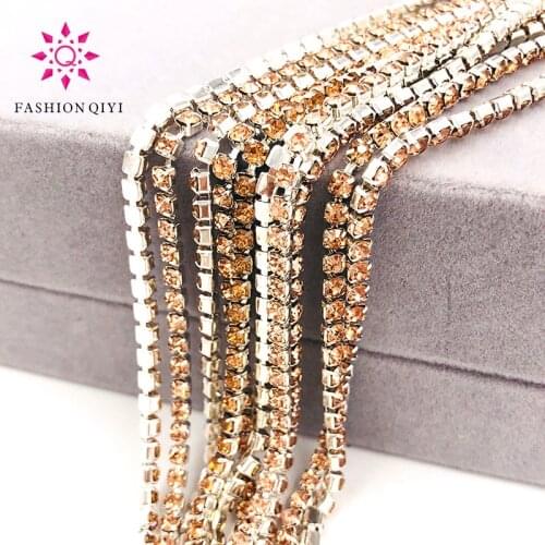 Free shipping 5 yards Super bright encryption Champagne 2mm-4mm silver base glass rhinestones cup chain,diy clothing accessories