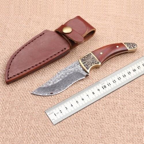 Free shipping Damascus straight knife sharp outdoor camping tool with wooden handle The rose tattoo small hunting knife