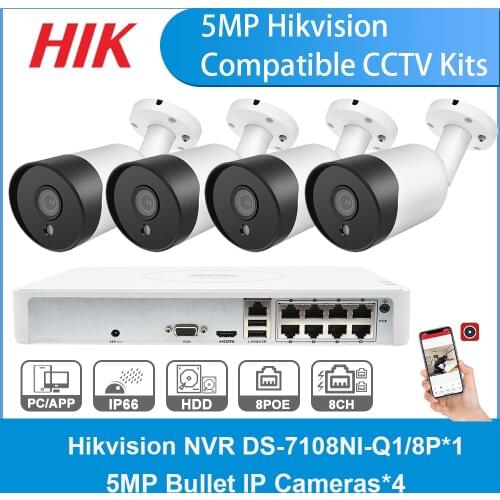 Hikvision Security Camera System 8CH NVR DS-7108NI-Q1/8P 5MP IP Camera IR Night Version PoE Bullet Kits Included 60M Cable IP66