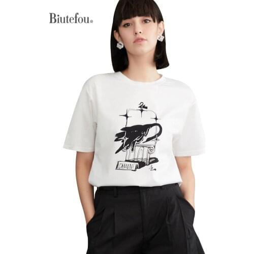 2021 Summer Women Art Hand-Painted Abstract Swan Print Black and White T-Shirt
