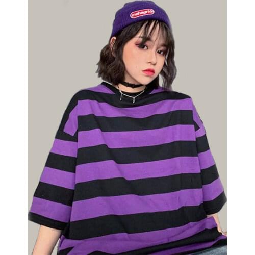 Fashion Hip Hop Women T-Shirt Loose Summer Oversize Striped O-Neck Female Tops Tees Purple Funny Japan Harajuku T Shirt Femme