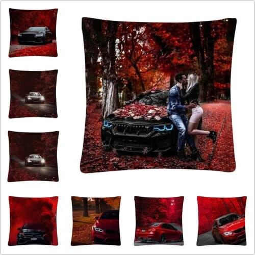 Bright maple leaves and car pattern Soft Short Plush Cushion Cover Pillow Case for Home Sofa Car Decor Pillowcase 45X45cm