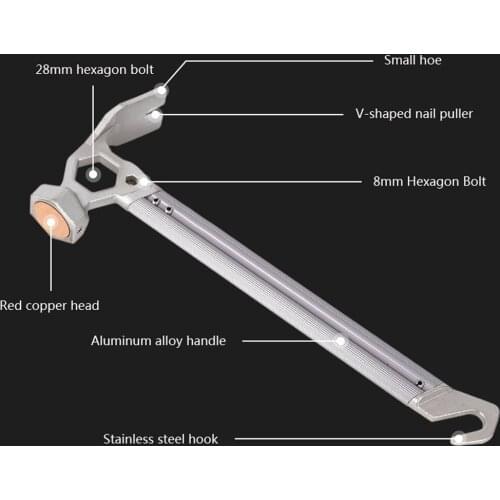 Outdoor Camping Tent Peg Hammer With Copper Head Mountaineering Hiking Stainless Steel Nail Puller Accessories Climbing Tool