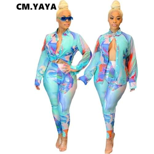 CM.YAYA 2021 Women Set Full Sleeve Print Shirts Long Pants Two 2 Piece Sets Active Tracksuit Fitness Street Outfit Summer