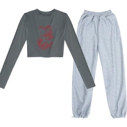 Chinese Goth Dragon Crop Top Long Sleeve Cotton Sweatshirt Women Wide Leg Sweatpants Aesthetic Two-piece Suits for Girls T Shirt