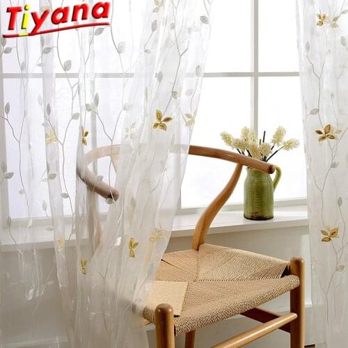 Yellow Flowers Embroidery Tulle Curtains for Living Room White Sheer Tulle for Kitchen Balcony Pastoral Yarn*VT
