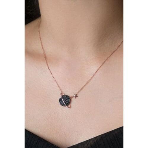Womens Planet Pattern Rose Plated 925 Sterling Silver Necklace
