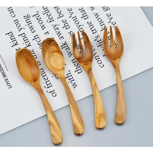 100pcs Italy Olive Wooden Curved Spoon Fork Long Handle Tableware Wooden Cutlery SN3357