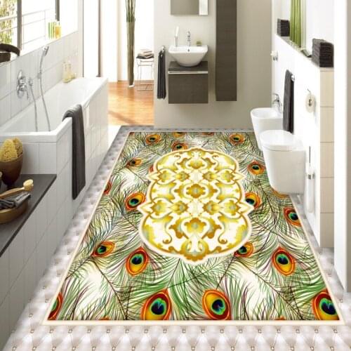 Free shipping custom Peacock feathers European pattern 3D flooring thickened self-adhesive living room floor murals wallpaper