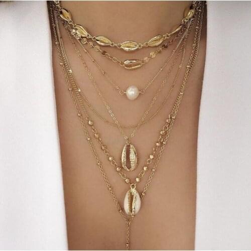 Bohemian Multilayer Crystal Shell Necklace Pendant Shell Retro Moon Star Collar Necklace Ladies Summer DIY Jewelry