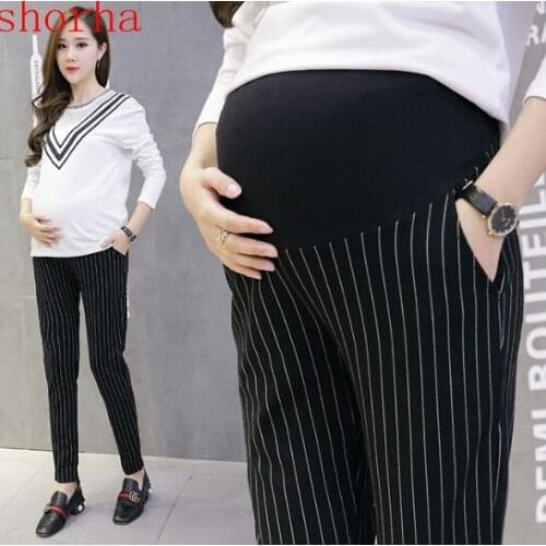Pregnant pants tide motherStripes Cotton Belly Maternity Pants Elastic Waist Pencil Trousers for Pregnant Women Pregnancy Pants
