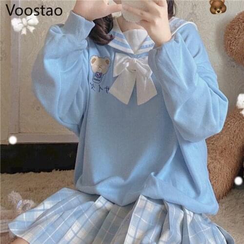 Spring Autumn Sweet Lolita Style Hoodies Girls Cute Cartoon Bear Embroidery Sailor Collar JK Sweatshirt Women Kawaii Outerwear