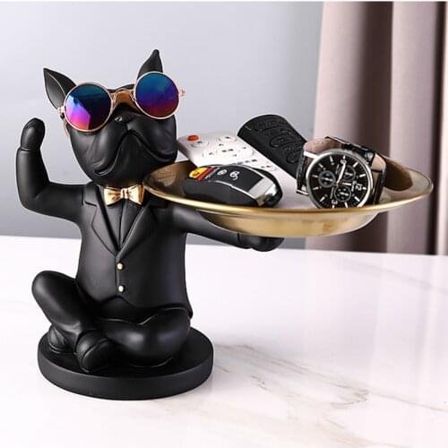 Home Living Room Decor,Animal Figurines,Glasses Bulldog Sculpture,Ornament,Statue,Table Decoration,Storage Metal Tray,Fruit Dish