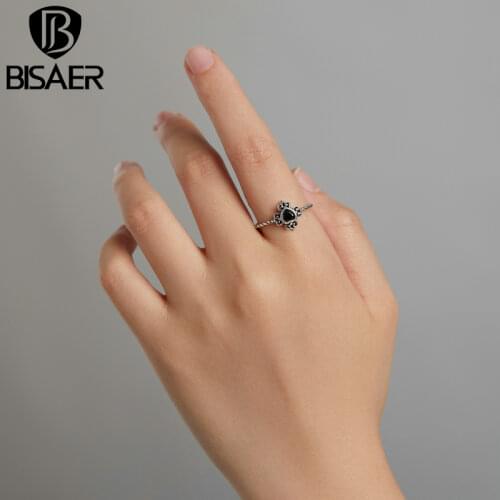 BISAER 925 Sterling Silver Sparkling Spades Heart Rings Colorful Black Crystal Ring For Women Fashion Statement Jewelry ECR746