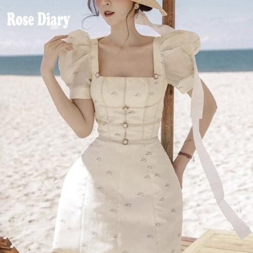 RoseDiary Summer Vintage Dress Women 2021French Style Slash neck Collar Printed Kawaii Short Sleeve Beach Temperament Dress Robe