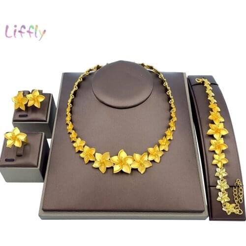 Liffly Women Jewelry Sets Party Flower Necklace Bracelet Earrings Ring Luxury Jewelry African Bridal Wedding Gift