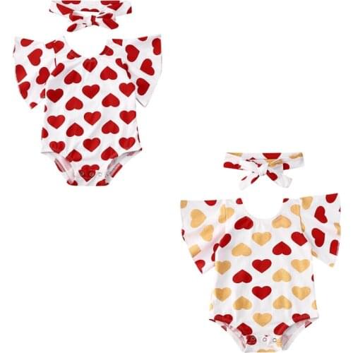 0-18M Cute Newborn Baby Girl Valentines Day Clothes Heart Print Bodysuit Jumpsuit Headband 2pcs