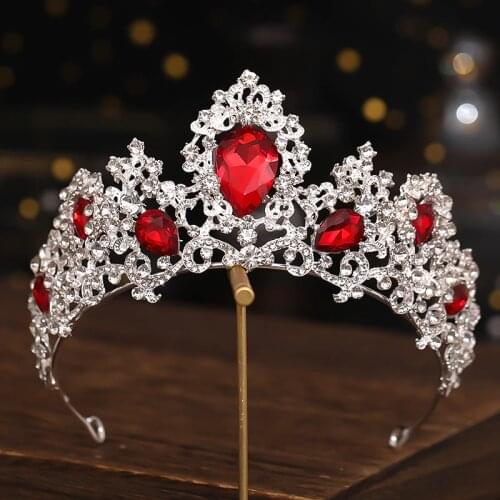 Fashion Silver Color Tiaras Crowns Red Blue Green Crystal Rhinestone Wedding Hair Accessories Queen King Diadems Women Headpiece