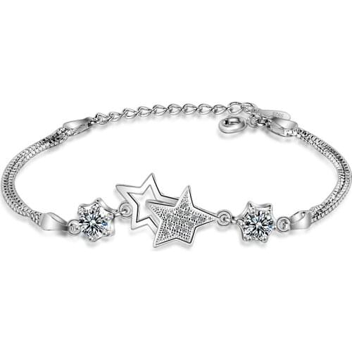 925 Sterling Silver Double Layer Star Bead Charm Bracelet &Bangle For Women Box Chain Party Jewelry sl076