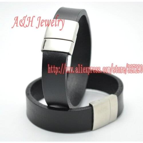 Luxury Men Jewelry Genuine Leather Bangles Matte Smooth Stainless Steel Magnet Bracelets Birthday Gift 5pc/lot
