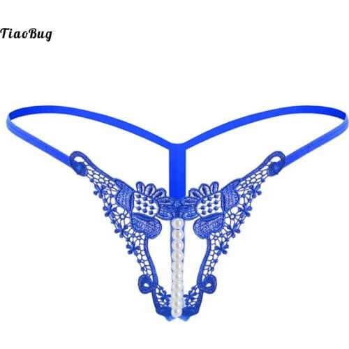 TiaoBug Men Sissy Pearls Massage Thongs Embroidered Crotchless G-String Low Waist Elastic Waistband T-Back Underwear Briefs