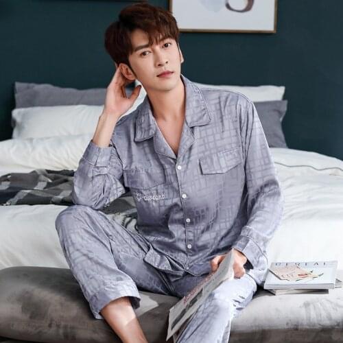 Men 2PCS Rayon Pajamas Sets Sexy Turn-Down Collar Pyjamas Sleep Suit Sleepwear Nightwear Sexy Lingerie Home Wear M-3XL