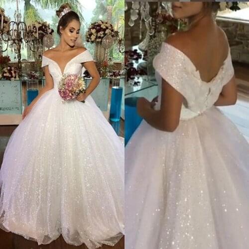 MYYBLE 2021 New Design Wedding Dresses Ball Gown V-neck Fluffy Sequin Tulle Simple Elegant Wedding Gowns Customize Cheap