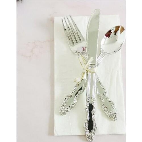 Gold Stamping Silver Disposable Knife, Fork And Spoon Set Birthday Party And Festival Celebration