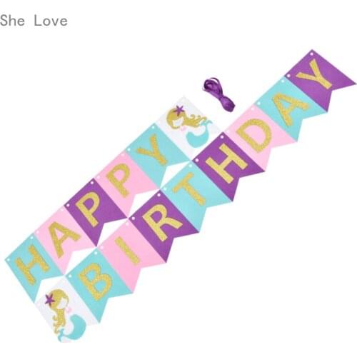 Chzimade Happy Birthday Mermaid Pattern Banner Bunting Flag Party Accessories Home Crafts