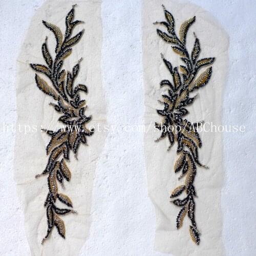 New fashion mixed color heavy handmade beads rihestone patch 60X13 cm embroidered wedding/evening dress lace trim 1 pair