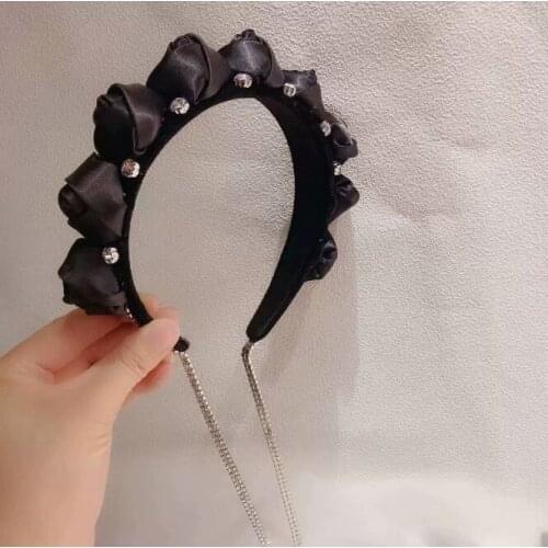 New 2021 Fashion Girls Headband Handmade Shining Flower Rhinestone Ornament Hairband Women Turban Hair Accessories with Tassel