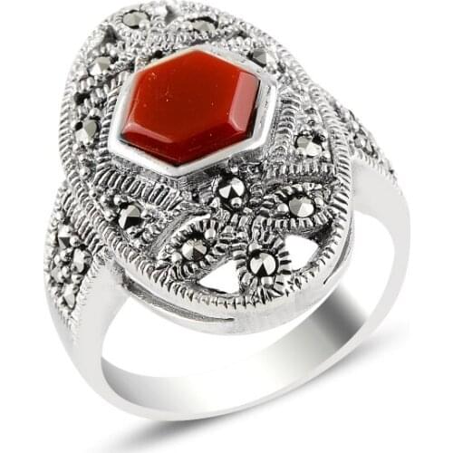 Silver 925 Sterling Red Agate & Marcasite Ring