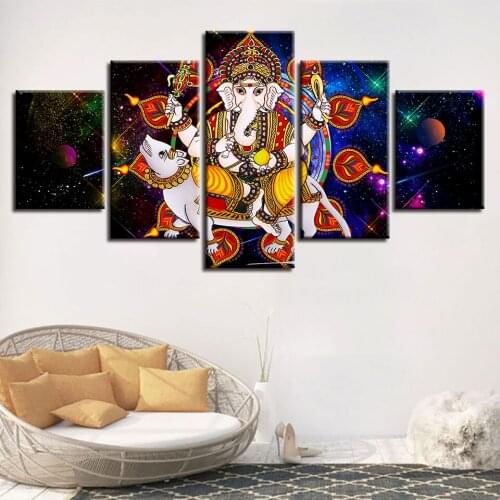 Modern Home Decor 5 Pieces India Religion Ganesha Elephant God Framework Prints Pictures Living Room Wall Art Modular Canvas Pai