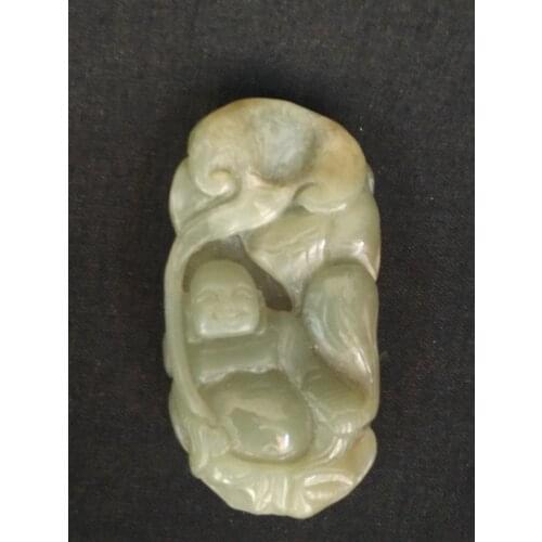 YIZHU CULTUER ART Collection Old China Xinjiang Hetian Jade Hand Carving Buddha lotus leaf Pendant