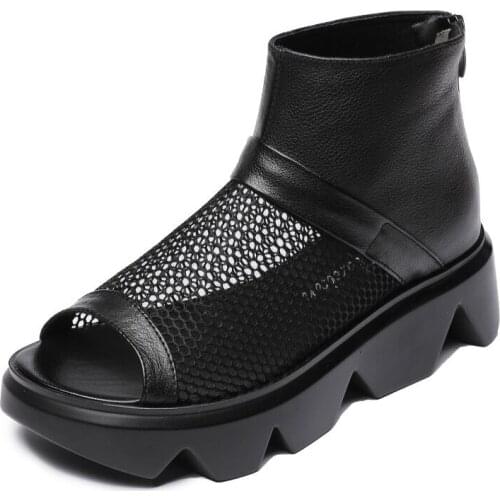 2021 Women Wedges Sandals Female Open Toe Genuine Leather Air Mesh Back Zipper Platform Casual Sandals Summer Shoes Black White