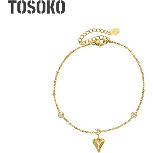 TOSOKO Stainless Steel Plated With 18 K Gold Zircon Anklet Peach Heart Pendant Womens Sweet Anklet BSS001