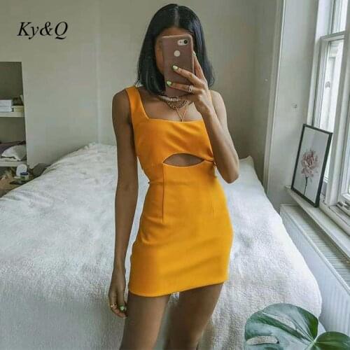2021 Summer Individualistic Vest Dress Women Yellow Sleeveless Slim High Waist Hollow Out Suspender Dresses Clothes Female